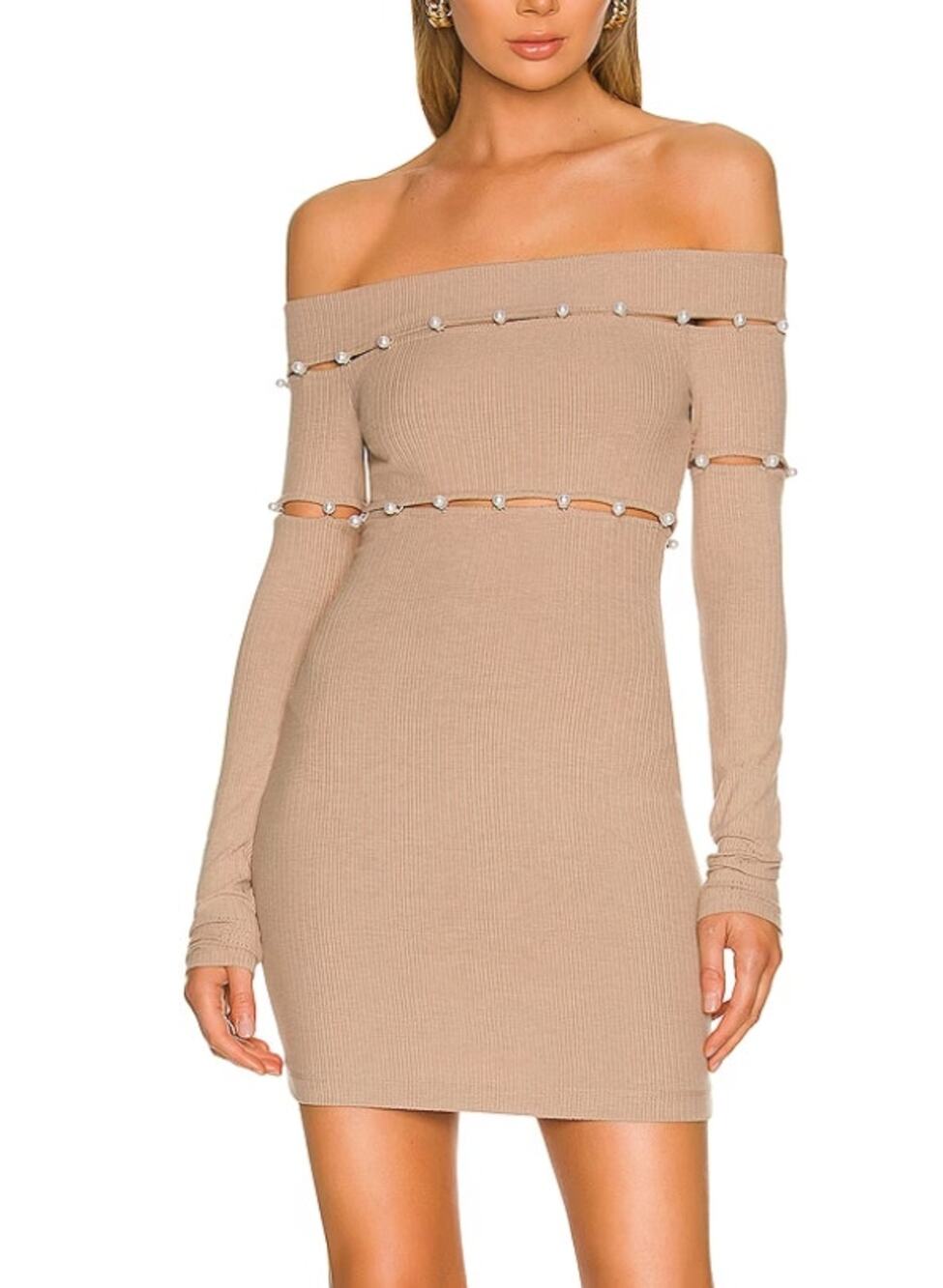 H:ours Beige Bodycon Mini Dress SMALL Cocktail Off Shoulder Designer $204 NEW